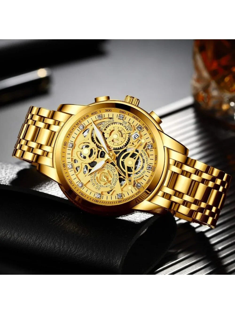 Mens Gold Stainless Steel Analog Chronograph 3ATM Waterproof Luxury Wrist Watch